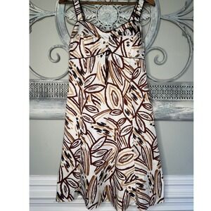 Vintage R&K Originals Brown Abstract Leaf Print Smocked Back Sundress Sz 10